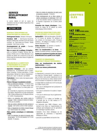 25
- Service
Développement
Rural
Le service élabore et met en œuvre les
orientations des élus en matière d’agriculture et de
développement rural.
- ACTIONS 2015
Maintien et développement Des
infrastructures de l’agriculture
Aménagement foncier : déviation d’Anneyron.
Procédure ECIR : Saint-Sauveur-Gouvernet,
Bésignan, Bellecombe-Tarendol et suivi des travaux
connexes sur Saint-Auban-sur-l’Ouvèze. Études
préalables : Saint-Dizier-en-Diois.
Accompagnement de projets : Chamaloc,
bassin de la Joyeuse, Alixan.
Mise en œuvre de la politique d’irrigation :
aides au Syndicat d’irrigation drômois pour les
réseaux d’Étoile-Livron et d’Allex-Montoison et au
Syndicat de gestion de la ressource en eau de la
Drôme (mise aux normes des canaux d’irrigation du
sud de la Drôme).
Amélioration de la compétitivité
et renforcement de la viabilité
des exploitations agricoles
Agriculture biologique : aide aux matériels
spécifiques bio : 35 exploitations (dont 19 exploi-
tations converties, 9 jeunes agriculteurs, 3 zones
défavorisées). Montant de l’aide du Département :
86235,64 1 dont 72 290,64 1 de FEADER.
Pastoralisme : mise en valeur des espaces pasto-
raux : 11 dossiers.
Filières d’élevage et prophylaxie animale :
– Aide aux bâtiments d’élevage : 13 dossiers dont
7 jeunes agriculteurs, 3 en filière avicole Label
rouge, 4 en filière bovine, 8 en filière petits rumi-
nants.
Sur l’ensemble du programme, les financements
État, Région, Département et Europe représentent
2 M1 d’aides publiques pour 55 dossiers drômois
et 7,9 M1 d’investissements.
– Aides à la protection des ruchers contre la
varroase : visites, analyses et achats de médica-
ments pour les abeilles.
– Aide aux actions collectives de lutte animale et
végétale : dont actions contre le frelon asiatique.
– Aide à l’équipement de Drôme Conseil Élevage
pour l’électronisation des contrôles.
Filière plantes aromatiques et médicinales
(PPAM)
– Aide à la plantation de plants de lavande sains
et aux semis : 16,70 ha de lavande, 8,41 ha de
lavandin. 10 dossiers.
– Aide à la création de pépinières de plants sains
de lavande ou lavandin : 3 dossiers.
– Étude développement de la filière plantes à
parfum aromatiques et médicinales (volet aval)
et de l’éco-extration menée en partenariat avec
la Chambre d’agriculture de la Drôme (étude
amont).
Prévention des risques climatiques : finan-
cement du réseau de 33 stations du comité
météorologique Drôme Ardèche.
Soutien des productions d’excellence
et développement les circuits courts
Agrilocal26.fr:1 800marchéspublics.350 000 1
et 113 tonnes de denrées. 50 acheteurs et
une centaine de fournisseurs actifs. Principaux
acheteurs : 29 collèges et 3 hôpitaux. 56 % des
volumes financiers en bio.
Action éducative « Du territoire à l’assiette » :
9 collèges drômois et 23 classes.
Aide à la transformation à la ferme : 11
dossiers (5 produits animaux, 6 produits végétaux).
Soutien aux organismes de gestion des signes
d’identification de la qualité et de l’origine.
Transfert de connaissances,
innovation et réseaux professionnels
Aides aux investissements des stations
expérimentales : 4 dossiers
Soutien aux réseaux professionnels.
Projet bio
Le Département a poursuivi la mise en œuvre de
son projet bio. Principal objectif : contribuer à ce
que la Drôme reste premier département bio de
France et soit reconnue au niveau national comme
terre d’innovation et d’expertise en matière de bio.
Le budget dédié aux projets bio en 2015 est de plus
d’un million d’euros, dont :
– 65 % pour le développement de la production et
des conversions
– 25 % pour la recherche et le soutien à l’expéri-
mentation
– 10 % pour le volet bio pour tous et gastronomie.
Principales actions :
– contribution à la 5e
édition de TechBio qui
a accueilli plus de 16 000 visiteurs et 17
délégations étrangères
– en partenariat avec l'INRA d'Avignon, enca-
drement d’une thèse sur l'expérimentation de
pratiques agro-écologiques par les agriculteurs
en maraîchage et grandes cultures
– réalisation d'une étude stratégique sur les
opportunités de conversions à l'agriculture
biologique en Drôme
– poursuite du projet Métiers de bouche et bio.
147 195forfaits vendus
115entreprises aidées
35entreprises drômoises
accompagnées sur des salons
nationaux
Aide aux bâtiments d’élevage :
55dossiers et 7,9 M1
d’investissements, 2 M1 d’aides
publiques dont 306 573 62 1
du Département
Agrilocal : 1 800marchés
publics lancés via la plate-forme
Agrilocal26 soit 350 000 1 et 113
tonnes de denrées.
250 000 4d’aides
pour le projet de liaison des réseaux
d’irrigation d’Étoile-Livron et
d’Allex-Montoison.
25
La filière des plantes aromatiques et médicinales soutenue
par le Département avec des aides pour la plantation de plants de
lavande sains et pour la création de pépinières
 