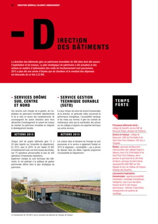 DIRECTION GÉNÉRALE3434
IRECTION
DES BÂTIMENTS
Principaux bâtiments livrés :
collège de Dieulefit, service ASE de
Bourg de Péage, aérogare de Chabeuil.
Encore en travaux : collège de
Beaumont, CMS de Pierrelatte et de
Saint-Paul-Trois-Châteaux, CED de La
Chapelle.
Études : gymnase de Beaumont,
restructuration des collèges Pagnol à
Valence, Isclo d’Or à Pierrelatte et de
Saint-Paul-Trois-Châteaux, demi-
pension et gymnase de la cité mixte
de Nyons, gymnase de Saint-Donat,
regroupement ASE/CMS sur Tain,
façades et cour du château de Grignan,
Auberge des Dauphins.
Lancement d’opérations
transversales : agenda accessibilité
handicapés, comptages énergétiques
intelligents, mise à jour des plans.
Hausse de 60 % des travaux
patrimoniaux : réfection d’étanchéité,
remplacement de système de
chauffage.
- Service gestion
technique durable
(SGTD)
Il a pour mission de suivre les actions transversales
de la direction, en particulier celles concernant la
performance énergétique, l’accessibilité handicap
et les mises aux normes. Il gère les contrats de
maintenance ainsi que la coordination des actions
sur les collèges et apporte une expertise technique
aux autres services.
- ACTIONS 2015
Les actions dans le domaine de l’énergie se sont
poursuivies et le service a également finalisé en
2015 le diagnostic « accessibilité », qui a permis
de déposer dans les délais l’agenda programmé
d’accessibilité du Département.
DIRECTION GÉNÉRALE ADJOINTE AMÉNAGEMENT
La direction des bâtiments gère un patrimoine immobilier de 300 sites dont elle assure
l’exploitation et les travaux. Le plan stratégique de patrimoine a été actualisé et des
actions en matière d’optimisation des coûts de fonctionnement sont poursuivies.
2015 a plus été une année d’études que de chantiers et le montant des dépenses
est descendu de ce fait à 23 M3.
Un investissement de 700 000 1 pour la rénovation des bâtiments de l’aérogare de Chabeuil
- Services Drôme
Sud, Centre
et Nord
Ces services sont chargés de la gestion, de l'ex-
ploitation du patrimoine immobilier départemental
et de la mise en œuvre des investissements. Ils
accompagnent les autres directions dans leurs
démarches d’aménagement et suivent les travaux
de maintien du patrimoine immobilier en intégrant
le développement durable.
- ACTIONS 2015
Chaque chef de projets bâtiments gère 15 à
20 sites répartis sur l’ensemble du département.
En 2015, avec le SGTD, ils ont réalisé 23 M1
d’investissement avec une forte hausse des études,
soit 70 opérations pluriannuelles et plus de 400
opérations d’importantes réparations.
Également chargés du suivi technique des bâti-
ments, ils ont participé à la politique de gestion
patrimoniale définie dans le plan stratégique de
patrimoine.
 