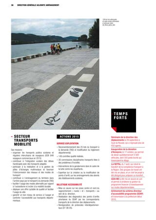 38 DIRECTION GÉNÉRALE ADJOINTE AMÉNAGEMENT
- Secteur
transports
mobilité
Ses missions :
– organiser les transports publics scolaires et
réguliers interurbains de voyageurs (838 648
voyageurs commerciaux en 2015)
– contribuer à l’intégration scolaire des élèves
handicapés avec des transports adaptés
– participer à la réalisation et à la gestion de
pôles d’échanges multimodaux et favoriser
l’interconnexion des réseaux et des modes de
transport
– contribuer à l’aménagement du territoire dans
l’arrière-pays par le transport à la demande (TAD)
– faciliter l’usage des modes alternatifs par rapport
à l’autosolisme et inciter à la mobilité durable
– déployer une offre cyclable de qualité et faciliter
l’usage du vélo
– garantir un bon niveau de service à l’usager et
conforter l’accessibilité aux transports départe-
mentaux.
- ACTIONS 2015
Service exploitation 
– Reconventionnement des 25 lots du transport à
la demande (TAD) et modification du règlement
départemental.
– 149 contrôles qualité réalisés.
– 30 commissions disciplinaires transports liées à
des problèmes d’incivilité.
– Interventions de la gendarmerie dans le cadre de
la lutte contre les stupéfiants.
– Expertise sur la création ou la modification de
points d’arrêt, sur les aménagements des abords
des établissements scolaires.
BILLETIQUE ACCESSIBILITÉ 
– Mise en œuvre sur les zones centre et nord du
rapprochement « routes » et « transports » au
sein de la direction.
– Réalisation des diagnostics des points d’arrêts
prioritaires du SDAP par les correspondants
transports de la direction des déplacements.
– Renégociation de protocoles interdépartemen-
taux (07-38-05).
Séminaire de la direction des
déplacements le 29 septembre à
Suze-la-Rousse, qui a regroupé plus de
450 agents.
Inauguration de la déviation
d’Anneyron, le 17 octobre, qui permet
de dévier quotidiennement 5 000
véhicules, dont 350 poids lourds qui
traversaient le village.
Loi NOTRe, du 7 août, qui induit le
transfert de la compétence transport à
la Région. Des groupes de travail ont
été mis en place, et un chef de projet a
été désigné pour préparer ce transfert.
iGDA-MO a été mis en œuvre en juin
et permet d’améliorer la gestion du
programme financier d’investissement
sur routes départementales.
Achèvement du schéma directeur
d’accessibilité programmée (SDAP)
et transmission à la préfecture début
2016.
109 km de véloroutes
et voies vertes drômoises
à retrouver dans
les Bons plans vélo
 