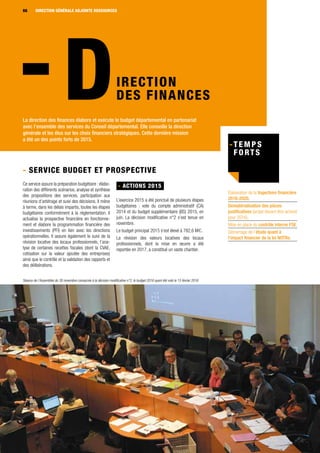 DIRECTION GÉNÉRALE6666
IRECTION
DES FINANCES
La direction des finances élabore et exécute le budget départemental en partenariat
avec l’ensemble des services du Conseil départemental. Elle conseille la direction
générale et les élus sur les choix financiers stratégiques. Cette dernière mission
a été un des points forts de 2015.
Ce service assure la préparation budgétaire : élabo-
ration des différents scénarios, analyse et synthèse
des propositions des services, participation aux
réunions d’arbitrage et suivi des décisions. Il mène
à terme, dans les délais impartis, toutes les étapes
budgétaires conformément à la réglementation. Il
actualise la prospective financière en fonctionne-
ment et élabore la programmation financière des
investissements (PFI) en lien avec les directions
opérationnelles. Il assure également le suivi de la
révision locative des locaux professionnels, l’ana-
lyse de certaines recettes fiscales (dont la CVAE,
cotisation sur la valeur ajoutée des entreprises)
ainsi que le contrôle et la validation des rapports et
des délibérations.
- Service budget et prospective
- ACTIONS 2015
L’exercice 2015 a été ponctué de plusieurs étapes
budgétaires : vote du compte administratif (CA)
2014 et du budget supplémentaire (BS) 2015, en
juin. La décision modificative n°2 s'est tenue en
novembre.
Le budget principal 2015 s'est élevé à 782,6 M1.
La révision des valeurs locatives des locaux
professionnels, dont la mise en œuvre a été
reportée en 2017, a constitué un vaste chantier.
DIRECTION GÉNÉRALE ADJOINTE RESSOURCES
Élaboration de la trajectoire financière
2016-2020.
Dématérialisation des pièces
justificatives (projet devant être achevé
pour 2016).
Mise en place du contrôle interne FSE.
Démarrage de l’étude quant à
l’impact financier de la loi NOTRe.
Séance de l’Assemblée du 30 novembre consacrée à la décision modificative n°2, le budget 2016 ayant été voté le 15 février 2016
 