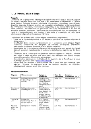 II. La Transfo, bilan d’étape

Rappels
La Transfo est un programme interrégional expérimental mené depuis 2011 et jusqu’en
2014 avec 4 Régions volontaires. Son objectif est de tester en vraie grandeur la création
d’une fonction régionale de type « laboratoire d’innovation » mobilisant des méthodes
de pointe issues du design de services (co-conception, visualisation, prototypage, tests),
de l’ethnologie (immersion, observation participante), et du logiciel libre (culture des
biens communs, documentation du processus, etc) dans l’élaboration et la mise en
œuvre de politiques régionales. L’hypothèse que nous faisons est qu’il est possible de co-
construire progressivement une fonction « laboratoire d’innovation » au sein d’une
administration régionale en l’espace de 2 à 3 ans.

Le protocole est le même pour chaque Région partenaire du programme :
                                           e
• Choix par le Conseil régional et la 27 Région d’un thème de politique régionale à
   réinterroger ;
• Constitution d’une équipe pluridisciplinaire de 4 personnes pour chaque Région
   partenaire, comprenant des designers de services, sociologues, chercheurs,
   sélectionnés en fonction du thème et de la Région concernés ;
• Organisation de 10 immersions créatives d’une semaine chacune, au sein du Conseil
   régional, associant élus et agents, et partenaires de la Région, réparties sur 2 à 2 ans
   ½;
• Lancement de la Transfo par une première semaine appelée « Campus », semaine
   test visant à faire découvrir aux participants les méthodes qui seront utilisées
   pendant les semaines d’immersion successives ;
• Documentation continue des méthodes et des avancées de la Transfo par la tenue
   d’un blog « journal de bord » (www.latransfo.net)
• Organisation de réunions « inter-Transfo » une à deux fois par semestre, pour
   favoriser l’échange de pratiques entre les Régions, résoudre les difficultés
   collectivement, créer un savoir-faire commun.


Régions partenaires

Régions      Thème retenu               Equipe en              Date de        Semaines
                                        immersion              lancement      réalisées fin 2012
Bourgogne    Politiques territoriales   Fanny Herbert          Juillet 2011   6 semaines sur 10
             (« Les villages du         (sociologue), Yoan
             futur »)                   Ollivier, Grégoire
                                        Alix-Tabeling
                                        (designers), Laura
                                        Gorre
Champagne-   Politiques jeunesse        Denis Pellerin,        Septembre      5 semaines sur 10
Ardenne      (« La Région 15-25 »)      Florence Massin        2011
                                        (User Studio), Eva
                                        Ruaut, Asma
                                        Bennani (ENSCI),
                                        Axel Félicité (Ville
                                        de Bagneux)
Pays de la   Prospective                Jacky Foucher          Février        5 semaines du 10
Loire        territoriale (« Pays de    (Grrr), Shah-Dia       2012
             la Loire 2040 »)           Rayan, Magali
                                        Marlin
Provence     Politiques de l’emploi     Anaïs Triolaire,       Juin 2012      3 semaines sur 10
Alpes Côte                              Pauline Scherer,
d’Azur                                  Catherine Belotti




                                                                                                   4
 
