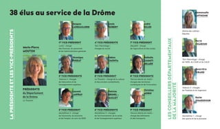 Présidente
du Département
de la Drôme
38 élus au service de la Drôme
Marie-Pierre
MOUTON
6e
Vice-présidentE3e
Vice-président 9e
Vice-président
Laurent
LANFRAY
Patricia
BRUNEL –
MAILLET
Christian
MORIN
2e
Vice-présidente 5e
Vice-président 8e
Vice-présidente
Véronique
PUGEAT
Fabien
LIMONTA
Nathalie
ZAMMIT-
HELMER
1er
Vice-président 4e
Vice-présidentE 7e
Vice-président
Jacques
LADEGAILLERIE
Annie
GUIBERT
André
GILLES
Lesconseillersdépartementaux
delamajorité
Laprésidenteetlesvice-présidents Emmanuelle
Anthoine
Tain l'Hermitage - chargé
de l'ADIL, du CAUE et du CALD
Hervé
Chaboud
Valence 3 - chargée
de l'habitat et du logement
Tain l'Hermitage -
chargée du social
Dieulefit - chargé
de l'agriculture et des routes
Loriol - chargé
des finances, du personnel
et de l'administration générale
Vercors-Monts du matin -
chargée des territoires
numériques et de l'innovation
Le Tricastin - chargé de la culture
et des anciens combattants
Valence 4 - chargée
de l'éducation et de
l'enseignement supérieur
Le Tricastin
Vercors-Monts du matin -
chargé des bâtiments
et des transports
Montélimar 2 - chargée
de l'environnement, de la santé
et de l'enseignement supérieur
Montélimar 2 - chargé
de l'économie, du tourisme
et de l'emploi, du suivi du SDIS
Geneviève
girard
Montélimar 1 - chargé
des sports et de la jeunesse
Karim
oumeddour
Drôme des collines -
députée
 