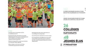 ACTIONS
• Animation de la 2e
promotion du CDJ
et installation de la 3e
• Enrichissement des informations du portail
bidépartemental info-jeunes et développement
de sa visibilité sur les réseaux sociaux
ardeche-drome.info-jeunes.fr
• Refonte du dispositif de soutien aux territoires
sur la base de critères objectifs
• Mise en réseau, en lien avec la CAF des
coordinateurs jeunesse des territoires
25
160
classes concernées par des actions
éducatives numériques ou citoyenneté
2
jeunes volontaires en service civique
accueillis au sein de la collectivité
cdj
26
collèges
participants
48
jeunes élus
3e
promotion
• Développement des actions éducatives sur
le numérique et la citoyenneté
• Accueil de jeunes volontaires en service civique
• Accompagnement de différents services dans
le recueil de la parole des jeunes et présence
lors des venues de groupes de jeunes au sein du
Département
 