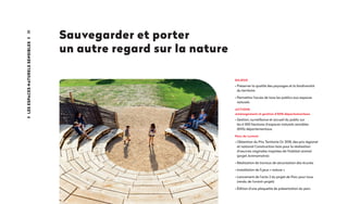 38
Sauvegarder et porter
un autre regard sur la nature
ENJEUX
• Préserver la qualité des paysages et la biodiversité
du territoire
• Permettre l’accès de tous les publics aux espaces
naturels
ACTIONS
Aménagement et gestion d’ENS départementaux
• Gestion, surveillance et accueil du public sur
les 6 000 hectares d’espaces naturels sensibles
(ENS) départementaux
Parc de Lorient
• Obtention du Prix Territoria Or 2018, des prix régional
et national Construction bois pour la réalisation
d’oeuvres originales inspirées de l’habitat animal 
(projet Animamotrix)
• Réalisation de travaux de sécurisation des écuries
• Installation de 5 jeux « nature »
• Lancement de l’acte 2 du projet de Parc pour tous
(rendu de l’avant-projet)
• Édition d’une plaquette de présentation du parc
LesEspacesnaturelssensibles
 