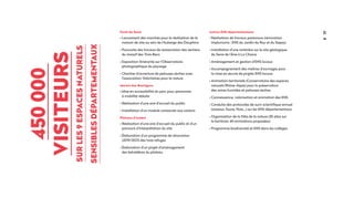 39
Forêt de Saoû
• Lancement des marchés pour la réalisation de la
maison de site au sein de l’Auberge des Dauphins
• Poursuite des travaux de restauration des sentiers
du massif des Trois Becs 
• Exposition itinérante sur l’Observatoire
photographique du paysage
• Chantier d’ouverture de pelouses sèches avec
l’association Volontaires pour la nature
Marais des Bouligons
• Mise en accessibilité du parc pour personnes
à mobilité réduite
• Réalisation d’une aire d’accueil du public
• Installation d’un module consacrés aux castors
Plateau d'Ambel
• Réalisation d’une aire d’accueil du public et d’un
parcours d’interprétation du site
• Élaboration d’un programme de rénovation
(2019/2021) des trois refuges
• Élaboration d’un projet d’aménagement
des belvédères du plateau
450000
visiteurs
surles9espacesnaturels
sensiblesdépartementaux
Autres ENS départementaux
• Réalisation de travaux pastoraux (rénovation
impluviums ; ENS du Jardin du Roy et du Sapey)
• Installation d’une ombrière sur le site géologique
du Serre de l’Âne à La Charce
• Aménagement et gestion d’ENS locaux
• Accompagnement des maîtres d’ouvrages pour
la mise en œuvre de projets ENS locaux
• Animation territoriale (Conservatoire des espaces
naturels Rhône-Alpes) pour la préservation
des zones humides et pelouses sèches
• Connaissance, valorisation et animation des ENS
• Conduite des protocoles de suivi scientifique annuel
(oiseaux, faune, flore…) sur les ENS départementaux
• Organisation de la Fête de la nature (35 sites sur
le territoire, 40 animations proposées)
• Programme biodiversité et ENS dans les collèges
 