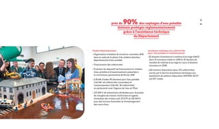 41
près de 90% des captages d'eau potable
drômois protégés réglementairement
grâce à l'assistance technique
du Département
Projets départementaux
• Organisation d’ateliers de travail en novembre 2018
dans le cadre de la phase II du schéma directeur
départemental d’eau potable
• Financement des collectivités
• Évolution du dispositif de financement en matière
d’eau potable et d’assainissement présentée à
la commission permanente de février 2018
• 4,28 M€ d’aides (95 dossiers) pour l’eau potable
(1,44 M€, 44 collectivités concernées) et
l’assainissement (2,84 M€, 38 collectivités)
en partenariat avec l’Agence de l’eau et l’État
• 223 000 € de subventions attribuées pour 34 postes
de chargé(s) de mission, techniciens et agents
d’entretien des rivières (soit 25 ETP) et 230 000 €
pour des travaux d’entretien et d’aménagement
des cours d’eau
Assistance technique aux collectivités
pour l'eau potable et l'assainissement
• 82 dossiers d’assistance à maîtrise d’ouvrage (AMO)
dont 23 nouveaux initiés en 2018 et 25 dossiers de
mandat de maîtrise d’ouvrage en cours (3 dossiers
nouveaux en 2018)
• 636 stations d’épuration (pour 313 collectivités)
suivies par le Service d’assistance technique aux
exploitants de stations d’épuration (SATESE) 26/07,
soit 817 visites
 