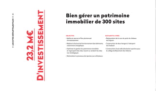 46
Bien gérer un patrimoine
immobilier de 300 sites
23,2M€
d'investissement
Lessitesdépartementaux
BÂTIMENTS LIVRÉS
• Restauration de la cour du puits du château
de Grignan
• Construction de deux hangars à l'aéroport
de Chabeuil
• Construction d'une salle d'évolution sportive pour
le collège de Beaumont-lès-Valence
OBJECTIFS
• Mettre en œuvre le Plan pluriannuel
d’investissement
• Réduire la facture de fonctionnement des bâtiments,
notamment énergétique
• Optimiser la gestion du patrimoine immobilier
en regroupant des sites, louant ou vendant les sites
non stratégiques
• Rationaliser le processus de réponse aux utilisateurs
 