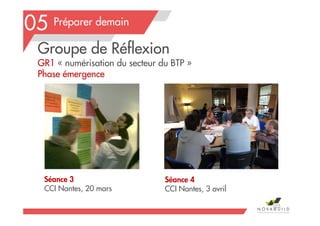 Préparer demain
105
05
Séance 3
CCI Nantes, 20 mars
Séance 4
CCI Nantes, 3 avril
Groupe de Réflexion
GR1 « numérisation du secteur du BTP »
Phase émergence
 