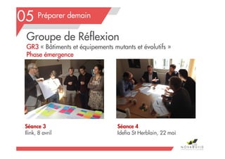 Préparer demain
Séance 3
Ilink, 8 avril
Groupe de Réflexion
GR3 « Bâtiments et équipements mutants et évolutifs »
Phase émergence
Séance 4
Idefia St Herblain, 22 mai
109
05
 