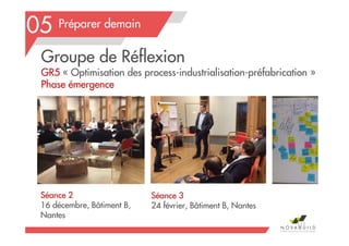 Préparer demain
111
05
Séance 2
16 décembre, Bâtiment B,
Nantes
Séance 3
24 février, Bâtiment B, Nantes
Groupe de Réflexion
GR5 « Optimisation des process-industrialisation-préfabrication »
Phase émergence
 