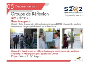 117
Préparer demain05
Groupe de Réflexion
GR9 « BEPOS »
Phase émergence
Objectif : Faire émerger des bâtiments démonstrateurs BEPOS intégrant des solutions
innovantes ou des groupes de travail sur la thématique.
En partenariat avec S2E2
Séance 2 « Construisons un bâtiment à énergie positive avec des solutions
innovantes » Atelier participatif type Forum Ouvert
23 juin - Séance 2 - CCI Angers
 
