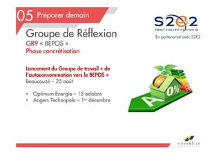 Préparer demain
Lancement du Groupe de travail « de
l’autoconsommation vers le BEPOS »
Beaucouzé – 25 août
• Optimum Energie – 15 octobre
• Angers Technopole – 1er décembre
05
118
Groupe de Réflexion
GR9 « BEPOS »
Phase concrétisation
En partenariat avec S2E2
 