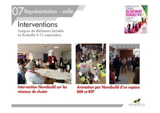 Intervention Novabuild sur les
réseaux de cluster
Animation par Novabuild d’un espace
BIM et BTP
Représentation - veille
Interventions
Congrès du Bâtiment durable
La Rochelle 9-11 septembre
07
136
 
