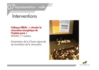 Colloque DREAL : « stimuler la
rénovation énergétique de
l’habitat privé »
ENSAN, 1er octobre
Présentation de la Charte régionale
de stimulation de la rénovation
Représentation - veille
Interventions
07
139
 