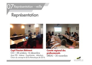 Copil Passion Bâtiment
CCI – 28 octobre, 16 décembre
Avec FFB - Ademe - ExpoNantes -Atlanbois
Choix du concept et de la thématique de 2016
Représentation - veille
Représentation
07
150
Comité régional des
professionnels
DREAL – 20 novembre
 