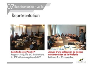 Comité de suivi Plan BTP
Région – 16 juillet et 23 novembre
La RSE et les entreprises du BTP
Représentation - veille
Représentation
07
151
Accueil d’une délégation de clusters
écoconstruction de la Wallonie
Bâtiment B – 25 novembre
 