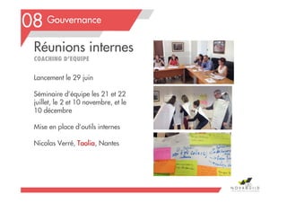 Gouvernance
Réunions internes
COACHING D’EQUIPE
Lancement le 29 juin
Séminaire d’équipe les 21 et 22
juillet, le 2 et 10 novembre, et le
10 décembre
Mise en place d’outils internes
Nicolas Verré, Taolia, Nantes
08
180
 
