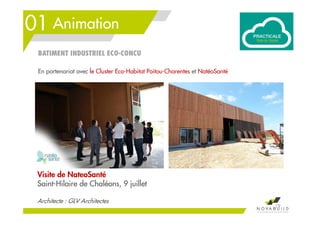 01 Animation
Visite de NateoSanté
Saint-Hilaire de Chaléons, 9 juillet
Architecte : GLV Architectes
BATIMENT INDUSTRIEL ECO-CONCU
19
En partenariat avec le Cluster Eco-Habitat Poitou-Charentes et NatéoSanté
 
