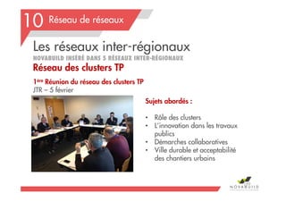 Réseau de réseaux
Les réseaux inter-régionaux
NOVABUILD INSÉRÉ DANS 5 RÉSEAUX INTER-RÉGIONAUX
Réseau des clusters TP
199
10
1ère Réunion du réseau des clusters TP
JTR – 5 février
Sujets abordés :
• Rôle des clusters
• L’innovation dans les travaux
publics
• Démarches collaboratives
• Ville durable et acceptabilité
des chantiers urbains
 
