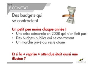 2015
LE CONSTAT
Des budgets qui
se contractent
Un petit peu moins chaque année !
• Une crise démarrée en 2008 qui n’en finit pas
• Des budgets publics qui se contractent
• Un marché privé qui reste atone
Et si la « reprise » attendue était aussi une
illusion ?
4
 