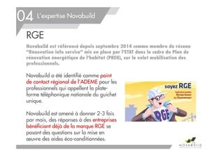 L’expertise Novabuild
RGE
Novabuild est référencé depuis septembre 2014 comme membre du réseau
"Rénovation info service" mis en place par l'ETAT dans le cadre du Plan de
rénovation énergétique de l'habitat (PREH), sur le volet mobilisation des
professionnels.
04
Novabuild a été identifié comme point
de contact régional de l’ADEME pour les
professionnels qui appellent la plate-
forme téléphonique nationale du guichet
unique.
Novabuild est amené à donner 2-3 fois
par mois, des réponses à des entreprises
bénéficiant déjà de la marque RGE se
posant des questions sur la mise en
œuvre des aides éco-conditionnées.
75
 
