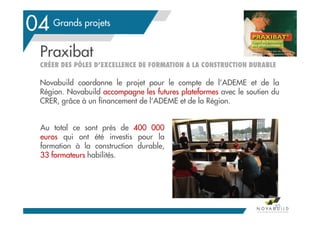 Grands projets
Praxibat
CRÉER DES PÔLES D’EXCELLENCE DE FORMATION A LA CONSTRUCTION DURABLE
Novabuild coordonne le projet pour le compte de l’ADEME et de la
Région. Novabuild accompagne les futures plateformes avec le soutien du
CRER, grâce à un financement de l’ADEME et de la Région.
85
04
Au total ce sont près de 400 000
euros qui ont été investis pour la
formation à la construction durable,
33 formateurs habilités.
 