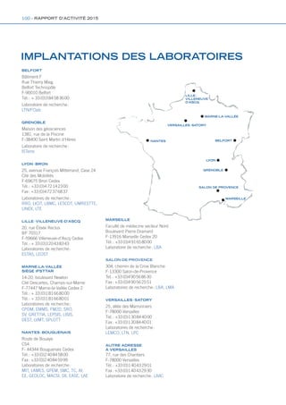 IMPLANTATIONS DES LABORATOIRES
BELFORT
Bâtiment F
Rue Thierry Mieg
Belfort Technopôle
F-90010 Belfort
Tél. : + 33 (0)3 84 58 36 00
Laboratoire de recherche :
LTN/FClab
GRENOBLE
Maison des géosciences
1381, rue de la Piscine
F-38400 Saint Martin d’Hères
Laboratoire de recherche :
ISTerre
LYON - BRON
25, avenue François Mitterrand, Case 24
Cité des Mobilités
F-69675 Bron Cedex
Tél. : +33 (0)4 72 14 23 00
Fax : +33 (0)4 72 37 68 37
Laboratoires de recherche :
RRO, LICIT, LBMC, LESCOT, UMRESTTE,
UNEX, LTE
LILLE - VILLENEUVE-D’ASCQ
20, rue Élisée Reclus
BP 70317
F-59666 Villeneuve-d’Ascq Cedex
Tél. : + 33 (0)3 20 43 83 43
Laboratoires de recherche :
ESTAS, LEOST
MARNE-LA-VALLÉE
SIÈGE IFSTTAR
14-20, boulevard Newton
Cité Descartes, Champs-sur-Marne
F-77447 Marne-la-Vallée Cedex 2
Tél. : + 33 (0)1 81 66 80 00
Tél. : + 33 (0)1 81 66 80 01
Laboratoires de recherche :
CPDM, EMMS, FM2D, SRO,
SV, GRETTIA, LEPSIS, LISIS,
DEST, LVMT, SPLOTT
NANTES - BOUGUENAIS
Route de Bouaye
CS4
F- 44344 Bouguenais Cedex
Tél. : +33 (0)2 40 84 58 00
Fax : +33 (0)2 40 84 59 99
Laboratoires de recherche :
MIT, LAMES, GPEM, SMC, TC, AI,
EE, GEOLOC, MACSI, SII, EASE, LAE
MARSEILLE
Faculté de médecine secteur Nord
Boulevard Pierre Dramard
F-13916 Marseille Cedex 20
Tél. : +33 (0)4 91 65 80 00
Laboratoire de recherche : LBA
SALON-DE-PROVENCE
304, chemin de la Croix Blanche
F-13300 Salon-de-Provence
Tel. : +33 (0)4 90 56 86 30
Fax : +33 (0)4 90 56 25 51
Laboratoires de recherche : LBA, LMA
VERSAILLES - SATORY
25, allée des Marronniers
F-78000 Versailles
Tél. : +33 (0)1 30 84 40 00
Fax : +33 (0)1 30 84 40 01
Laboratoires de recherche :
LEMCO, LTN, LPC
AUTRE ADRESSE
À VERSAILLES
77, rue des Chantiers
F-78000 Versailles
Tél. : +33 (0)1 40 43 29 01
Fax : +33 (0)1 40 43 29 30
Laboratoire de recherche : LIVIC
BELFORT
GRENOBLE
MARSEILLE
SALON DE PROVENCE
LYON
NANTES
LILLE - 
VILLENEUVE
D’ASCQ
MARNE-LA-VALLÉE
VERSAILLES - SATORY
100 - RAPPORT D’ACTIVITÉ 2015
 
