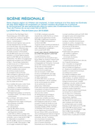 SCÈNE RÉGIONALE
Dans chaque région où l’Ifsttar est implanté, il s’est impliqué à la fois dans les Contrats
de plan État Région en proposant un certain nombre de projets et a continué
le renforcement de ses partenariats dans le cadre des Investissements d’avenir.
Tour de France de ce qui s’est fait en 2015.
philippe.rigaud@ifsttar.fr
Le Contrat de Plan État-Région Nord –
Pas-de-Calais pour 2015-2020, signé
le 10 juillet 2015, implique 5 signataires
avec un total de près de 2,2 milliards
d’euros « contractualisés » :
l’État et le Conseil régional, mais aussi les
Conseils départementaux du Nord
et du Pas-de-Calais, ainsi que la Métropole
Européenne de Lille. L’État est le plus
important contributeur, avec 894 M€
de crédits nouveaux contractualisés,
soit 140 M€ de plus que sur le contrat
précédent. Le Conseil régional apporte
quant à lui 847 M€ dans ses domaines
d’intervention. Par ailleurs, les programmes
opérationnels européens pour 2014-2020
en Nord – Pas-de-Calais représentent
un total de plus de 1,2 milliard d’euros.
Conçu par le gouvernement
pour accompagner la réforme territoriale,
le CPER comprend dès à présent
de nombreux projets et actions
en convergence avec la Picardie.
Cette convergence s’affirmera fin 2016,
avec la fusion des CPER de Picardie
et du Nord-Pas-de-Calais en un unique
contrat. Le CPER retient 7 domaines
pour les projets structurants :
• Les mobilités (ferroviaire, routier, fluvial,
portuaire) : 781 millions d’euros qui
permettront 1,2 milliard d’opérations ;
• La transition écologique et énergétique :
451 millions d’euros ;
• L’enseignement supérieur, la recherche,
l’innovation (ESRI) : 170 millions d’euros
contractualisés ;
• Le numérique : 322 millions d’euros
(réseau à Très Haut Débit et le
développement des usages numériques) ;
• Les entreprises innovantes :
14 millions d’euros ;
• Un volet territorial
doté de 380 millions d’euros ;
• 46 millions d’euros consacrés
spécifiquement à l’emploi.
Le volet ESRI du CPER se partage entre
« Campus attractifs et fonctionnels, campus
connectés » pour un total de 83,12 M€
et « Attractivité et compétitivité »
pour 87,16 M€ consacrés à la recherche.
Sur ces 87,16 M€, l’État apporte 17 M€
sur le budget ministériel et la Région
51,32 M€, enveloppes auxquelles
s’ajoutent des crédits fléchés sur certains
projets par des organismes et écoles
(8,59 M€), la Métropole Européenne
de Lille (7,4 M€) et le Département
du Nord (1,82 M€).
15 grands projets scientifiques fédérateurs
ont été retenus dans le cadre de ce sous-
volet « Attractivité et compétitivité »,
dont le projet ELSAT 2020.
ELSAT 2020, PROJET FÉDÉRATEUR
DU CPER IMPLIQUANT L’IFSTTAR
Le projet fédérateur retenu
pour le domaine des transports et dans
lequel l’Ifsttar est impliqué s’intitule ELSAT
2020 (Écomobilité, Logistique, Sécurité
et Adaptabilité des Transports). Il est porté
par le CISIT (Campus International
de Sécurité et d’Intermodalité
des Transports), collectif régional
de la recherche académique
dans les transports. ELSAT 2020
se veut un prolongement, plus large
et pluridisciplinaire incluant les SHS,
du CISIT, projet phare
du CPER 2007-2013. Le parti pris
de son élaboration a été de capitaliser
sur les succès passés et la volonté
de ses partenaires de rendre
pérenne leur collaboration.
ELSAT 2020 rassemble 9 établissements
universitaires ou écoles et 5 organismes
de recherche (soit 27 laboratoires),
ainsi que deux centres
de développement technologique.
Le projet ELSAT 2020 répond de
manière plus complète aux enjeux
réactualisés (défis sociétaux ou challenges
technologiques) posés tant au niveau
européen à travers les feuilles de route
technologiques dictées par les besoins
industriels (ACARE, ERRAC, ERTRAC…
JTI Shift2Rail, PPP Green vehicles)
ou les programmes de recherche
tels que Horizon 2020, qu’aux éléments
clés du développement national et régional
établis dans les 34 plans de reconquête
industrielle, dans les 7 ambitions
de la Commission Innovation 2030,
dans la SRI SI et le Master Plan
pour la Troisième Révolution
Industrielle pour le Nord-Pas-de-Calais.
Le projet scientifique porté par ELSAT 2020
est organisé autour de 6 programmes
scientifiques dont 2 transversaux
en SHS. De l’analyse des besoins
sociétaux, industriels et économiques
conduite en continu, 4 programmes
objectifs stratégiques déclinés en thèmes
de recherche ont été définis :
• L’humain dans les transports
et sa mobilité ;
• Optimisation des systèmes
de mobilité et Logistique ;
• Nouveaux matériaux
et concepts structuraux ;
• Dimensionnement
et performances des fonctions véhicule.
Les 2 objectifs transversaux
sont « Innovation et changement
des comportements par les TIC
dans la mobilité et la logistique »
et « Système de mobilité et d’accessibilité
durable à la croisée de l’économique,
du juridique et du social ».
Ces objectifs stratégiques visent
à apporter des réponses à trois grands
défis sociétaux, en parfaite cohérence
avec les éléments clés du développement :
énergie et environnement ; mobilité
et logistique ; sécurité, sûreté et fiabilité.
Chacun des objectifs stratégiques
impactant ces défis sociétaux se décline
ensuite en projets d’application
dans les 4 grands secteurs économiques
du transport où le collectif CISIT
est un acteur et un contributeur
reconnu : ferroviaire ; automobile ;
aéronautique ; logistique.
L’Ifsttar représente environ 10 %
des effectifs en équivalent temps
plein mobilisés pour ELSAT 2020.
Le coût total retenu pour ce projet
fédérateur ELSAT 2020 est de 27,6 M€
dont 10,45 M€ de fonds propres,
10,15 M€ de part CPER (Région 7 M€,
État 2,5 M€, École des Mines
de Douai 0,65 M€), et 7 M€ provenant
d’autres fonds, en particulier le FEDER.
Le CPER Nord – Pas-de-Calais pour 2015-2020
L’IFSTTAR DANS SON ENVIRONNEMENT - 19
 