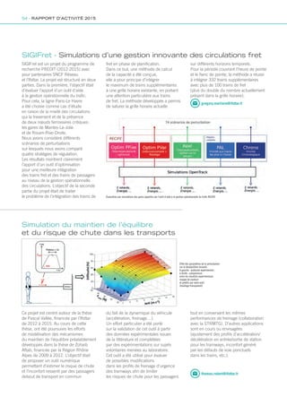 SIGIFret est un projet du programme de
recherche PREDIT (2012-2015) avec
pour partenaires SNCF Réseau
et l’Ifsttar. Le projet est structuré en deux
parties. Dans la première, l’objectif était
d’évaluer l’apport d’un outil d’aide
à la gestion opérationnelle du trafic.
Pour cela, la ligne Paris-Le Havre
a été choisie comme cas d’étude
en raison de la mixité des circulations
qui la traversent et de la présence
de deux nœuds ferroviaires critiques :
les gares de Mantes-La-Jolie
et de Rouen-Rive-Droite.
Nous avons considéré différents
scénarios de perturbations
sur lesquels nous avons comparé
quatre stratégies de régulation.
Les résultats montrent clairement
l’apport d’un outil d’optimisation
pour une meilleure intégration
des trains fret et des trains de passagers
au niveau de la gestion opérationnelle
des circulations. L’objectif de la seconde
partie du projet était de traiter
le problème de l’intégration des trains de
Ce projet est centré autour de la thèse
de Pascal Vallée, financée par l’Ifsttar
de 2012 à 2015. Au cours de cette
thèse, ont été poursuivis les efforts
de modélisation des mécanismes
du maintien de l’équilibre préalablement
développés dans la thèse de Zohaib
Aftab, financée par la Région Rhône
Alpes de 2009 à 2012. L’objectif était
de proposer un outil numérique
permettant d’estimer le risque de chute
et l’inconfort ressenti par des passagers
debout de transport en commun
SIGIFret - Simulations d’une gestion innovante des circulations fret
Simulation du maintien de l’équilibre
et du risque de chute dans les transports
Évaluation par simulations des gains apportés par l’outil d’aide à la gestion opérationnelle du trafic RECIFE
fret en phase de planification.
Dans ce but, une méthode de calcul
de la capacité a été conçue,
elle a pour principe d’intégrer
le maximum de trains supplémentaires
à une grille horaire existante, en portant
une attention particulière aux trains
de fret. La méthode développée a permis
de saturer la grille horaire actuelle
du fait de la dynamique du véhicule
(accélération, freinage…).
Un effort particulier a été porté
sur la validation de cet outil à partir
des données expérimentales issues
de la littérature et complétées
par des expérimentations sur sujets
volontaires menées au laboratoire.
Cet outil a été utilisé pour évaluer
de possibles modifications
dans les profils de freinage d’urgence
des tramways afin de limiter
les risques de chute pour les passagers
sur différents horizons temporels.
Pour la période couvrant l’heure de pointe
et le flanc de pointe, la méthode a réussi
à intégrer 332 trains supplémentaires
avec plus de 100 trains de fret
(plus du double du nombre actuellement
présent dans la grille horaire).
tout en conservant les mêmes
performances de freinage (collaboration
avec la STRMTG). D’autres applications
sont en cours ou envisagées
(ajustement des profils d’accélération/
décélération en entrée/sortie de station
pour les tramways, inconfort généré
par les défauts de voie ponctuels
dans les trains, etc.).
gregory.marliere@ifsttar.fr
thomas.robert@ifsttar.fr
Effet des paramètres de la perturbation
sur le déséquilibre ressenti.
A gauche : protocole expérimental ;
à droite : comparaison
entre les résultats expérimentaux
(nappe de couleur)
et prédits par notre outil
(maillage transparent)
54 - RAPPORT D’ACTIVITÉ 2015
 