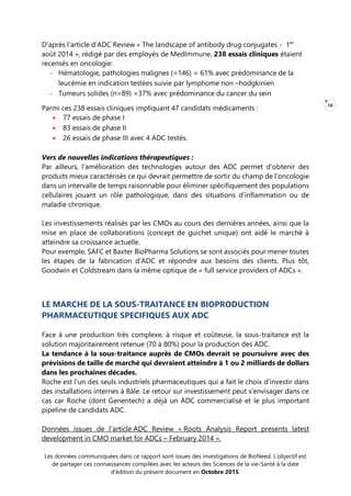 Les données communiquées dans ce rapport sont issues des investigations de BioNeed. L’objectif est
de partager ces connaissances compilées avec les acteurs des Sciences de la vie-Santé à la date
d’édition du présent document en Octobre 2015.
10
D’après l’article d’ADC Review « The landscape of antibody drug conjugates - 1er
août 2014 », rédigé par des employés de MedImmune, 238 essais cliniques étaient
recensés en oncologie:
- Hématologie, pathologies malignes (=146) = 61% avec prédominance de la
leucémie en indication testées suivie par lymphome non –hodgkinien
- Tumeurs solides (n=89) =37% avec prédominance du cancer du sein
Parmi ces 238 essais cliniques impliquant 47 candidats médicaments :
 77 essais de phase I
 83 essais de phase II
 26 essais de phase III avec 4 ADC testés.
Vers de nouvelles indications thérapeutiques :
Par ailleurs, l’amélioration des technologies autour des ADC permet d’obtenir des
produits mieux caractérisés ce qui devrait permettre de sortir du champ de l’oncologie
dans un intervalle de temps raisonnable pour éliminer spécifiquement des populations
cellulaires jouant un rôle pathologique, dans des situations d’inflammation ou de
maladie chronique.
Les investissements réalisés par les CMOs au cours des dernières années, ainsi que la
mise en place de collaborations (concept de guichet unique) ont aidé le marché à
atteindre sa croissance actuelle.
Pour exemple, SAFC et Baxter BioPharma Solutions se sont associés pour mener toutes
les étapes de la fabrication d'ADC et répondre aux besoins des clients. Plus tôt,
Goodwin et Coldstream dans la même optique de « full service providers of ADCs ».
LE MARCHE DE LA SOUS-TRAITANCE EN BIOPRODUCTION
PHARMACEUTIQUE SPECIFIQUES AUX ADC
Face à une production très complexe, à risque et coûteuse, la sous-traitance est la
solution majoritairement retenue (70 à 80%) pour la production des ADC.
La tendance à la sous-traitance auprès de CMOs devrait se poursuivre avec des
prévisions de taille de marché qui devraient atteindre à 1 ou 2 milliards de dollars
dans les prochaines décades.
Roche est l’un des seuls industriels pharmaceutiques qui a fait le choix d’investir dans
des installations internes à Bâle. Le retour sur investissement peut s’envisager dans ce
cas car Roche (dont Genentech) a déjà un ADC commercialisé et le plus important
pipeline de candidats ADC.
Données issues de l’article ADC Review « Roots Analysis Report presents latest
development in CMO market for ADCs – February 2014 ».
 