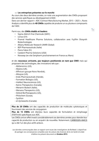 Les données communiquées dans ce rapport sont issues des investigations de BioNeed. L’objectif est
de partager ces connaissances compilées avec les acteurs des Sciences de la vie-Santé à la date
d’édition du présent document en Octobre 2015.
11
 Les entreprises présentes sur le marché
Au cours des deux dernières années, on note une augmentation des CMOs proposant
des services spécifiques au développement d’ADC.
Dans son dernier rapport « ADC Contract Manufacturing Market, 2015 – 2025 », Roots
Analysis a identifié plus de 40 CMOs capables de produire un ou plusieurs composants
de l’ADC.
Parmi eux, des CMOs établis et leaders:
• Sigma-Aldrich Fine Chemicals (SAFC)
• Lonza (CH)
• Piramal Healthcare Pharma Solutions, collaboration avec Fujifilm Diosynth
Biotechnologies
• Albany Molecular Research (AMRI Global)
• BSP Pharmaceuticals (Italie)
• Pierre Fabre (Fr)
• Catalant Pharma Solutions (USA)
• Novasep (ex-site Seripharm prochainement en France au Mans)
et des nouveaux arrivants, pas toujours positionnés en tant que CMO mais qui
proposent des technologies, des innovations tels que :
- AbGenomics (US),
- Abzena (UK),
- Affinicon (groupe Novo Nordisk),
- Allozyne (US),
- Endo Pharmaceuticals (Irlande),
- Formation Biologics (US),
- Intellect Neurosciences (US),
- Kairos Therapeutics (Canada),
- Menarini Biotech (Italie),
- Mersana Therapeutics (US),
- Oxford BioTherapeutics (US),
- Philochem (Suisse),
- Synthon
- et Zymeworks (Canada).
Plus de 20 CMOs ont des capacités de production de molécules cytotoxiques et
fournissent des services de conjugaison.
Plus de 15 CMOs ont étendus leurs capacités de formulation et remplissage
(Fill/Finish) spécifiques aux ADC.
Les CMOs ont en effet investi considérablement ces dernières années pour étendre leur
capacité de production ou en acquérir de nouvelles. Notamment, CARBOGEN AMCIS
qui a été l’un des plus actifs acteurs.
 