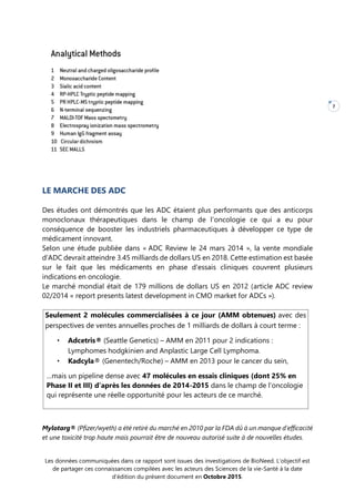 Les données communiquées dans ce rapport sont issues des investigations de BioNeed. L’objectif est
de partager ces connaissances compilées avec les acteurs des Sciences de la vie-Santé à la date
d’édition du présent document en Octobre 2015.
7
LE MARCHE DES ADC
Des études ont démontrés que les ADC étaient plus performants que des anticorps
monoclonaux thérapeutiques dans le champ de l’oncologie ce qui a eu pour
conséquence de booster les industriels pharmaceutiques à développer ce type de
médicament innovant.
Selon une étude publiée dans « ADC Review le 24 mars 2014 », la vente mondiale
d’ADC devrait atteindre 3.45 milliards de dollars US en 2018. Cette estimation est basée
sur le fait que les médicaments en phase d’essais cliniques couvrent plusieurs
indications en oncologie.
Le marché mondial était de 179 millions de dollars US en 2012 (article ADC review
02/2014 « report presents latest development in CMO market for ADCs »).
Seulement 2 molécules commercialisées à ce jour (AMM obtenues) avec des
perspectives de ventes annuelles proches de 1 milliards de dollars à court terme :
• Adcetris® (Seattle Genetics) – AMM en 2011 pour 2 indications :
Lymphomes hodgkinien and Anplastic Large Cell Lymphoma.
• Kadcyla® (Genentech/Roche) – AMM en 2013 pour le cancer du sein,
…mais un pipeline dense avec 47 molécules en essais cliniques (dont 25% en
Phase II et III) d’après les données de 2014-2015 dans le champ de l’oncologie
qui représente une réelle opportunité pour les acteurs de ce marché.
Mylotarg® (Pfizer/wyeth) a été retiré du marché en 2010 par la FDA dû à un manque d’efficacité
et une toxicité trop haute mais pourrait être de nouveau autorisé suite à de nouvelles études.
 
