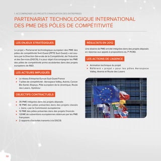 32
1. Accompagner les projets d’innovation des entreprises
Partenariat Technologique International
des PME des Pôles de Compétitivité
Les enjeux stratégiques
Le projet « Partenariat technologique européen des PME des
pôles de compétitivité Sud-Ouest (PPTE Sud-Ouest) » est sou-
tenu par la Direction Générale de la Compétitivité, de l’Industrie
et des Services (DGCIS). Il a pour objet d’accompagner les PME
des pôles de compétitivité primo accédantes dans des projets
européens de R&D.
Les acteurs impliqués
⊲⊲ Le réseau Entreprise Europe Sud-Ouest France
⊲⊲ 7 pôles de compétitivité : Aerospace Valley, Avenia, Cancer
Bio Santé, Elopsys, Pôle européen de la céramique, Route
des Lasers, Xylofutur
Objectifs contractuels
⊲⊲ 35 PME intégrées dans les projets déposés
⊲⊲ 18 PME des pôles présentes dans des projets classés
«  bons » par la Commission européenne
⊲⊲ 12 PME des pôles présentes dans des projets financés
⊲⊲ 1,8 M€ de subventions européennes obtenues par les PME
françaises
⊲⊲ 2 rapports d’activités transmis à la DGCIS
Résultats en 2012
Une dizaine de PME ont été intégrées dans des projets déposés
en réponse aux appels à propositions du 7e
PCRD.
Les actions de l’Agence
⊲⊲ Animation technique du projet
⊲⊲ Référent « p rojet » p our les p ôles Aerospace
Valley, Avenia et Route des Lasers
 