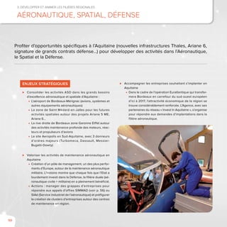50
3. Développer et animer les filières régionales
Aéronautique, Spatial, Défense
Profiter d’opportunités spécifiques à l’Aquitaine (nouvelles infrastructures Thales, Ariane 6,
signature de grands contrats défense…) pour développer des activités dans l’Aéronautique,
le Spatial et la Défense.
enjeux stratégiques
⊲⊲ Consolider les activités ASD dans les grands bassins
d’excellence aéronautique et spatiale d’Aquitaine :
■■ L’aéroport de Bordeaux-Mérignac (avions, systèmes et
autres équipements aéronautiques)
■■ La zone de Saint Médard-en-Jalles pour les futures
activités spatiales autour des projets Ariane 5 ME,
Ariane 6...
■■ La rive droite de Bordeaux zone Garonne Eiffel autour
des activités maintenance profonde des moteurs, réac-
teurs et propulseurs d’avions
■■ Le site Aeropolis en Sud-Aquitaine, avec 3 donneurs
d’ordres majeurs (Turbomeca, Dassault, Messier-
Bugatti-Dowty)
⊲⊲ Valoriser les activités de maintenance aéronautique en
Aquitaine
■■ Création d’un pôle de management, un des plus perfor-
mants d’Europe, autour de la maintenance aéronautique
militaire. L’histoire montre que chaque fois que l’Etat a
lourdement investi dans la Défense, la filière duale (aé-
ronautique civile + militaire) en a pleinement bénéficié.
■■ Actions : manager des grappes d’entreprises pour
répondre aux appels d’offres SIMMAD (voir p. 56) ou
SIAé (Service industriel de l’aéronautique) et préfigurer
la création de clusters d’entreprises autour des centres
de maintenance en région.
⊲⊲ Accompagner les entreprises souhaitant s’implanter en
Aquitaine
■■ Dans le cadre de l’opération Euratlantique qui transfor-
mera Bordeaux en carrefour du sud-ouest européen
d’ici à 2017, l’attractivité économique de la région se
trouve considérablement renforcée. L’Agence, avec ses
partenaires du réseau « Invest In Aquitaine », s’organise
pour répondre aux demandes d’implantations dans la
filière aéronautique.
 