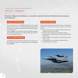 56
3. Développer et animer les filières régionales
Projet SIMMAD
Structure Intégrée de Maintien en condition opérationnelle des Matériels Aéronautiques
de la Défense
Enjeux stratégiques
Avec l’implantation de la SIMMAD à Mérignac sur la base
aérienne 106, le tissu industriel aéronautique régional peut
bénéficier de nombreuses retombées dans le cadre des règles
du marché public.
L’action SIMMAD a pour objectif d’amener des PME ou groupe-
ments de PME aquitaines vers les appels d’offres de la mainte-
nance aéronautique Défense.
Les acteurs impliqués
Les PME aquitaines présentant un potentiel pour répondre aux
appels d’offres publiés sur la plateforme des marchés publics
par la SIMMAD.
Action de l’Agence
Aquitaine Développement Innovation assure le montage de
l’opération, la construction du plan d’actions et sa mise en
œuvre :
⊲⊲ Analyse et sélection des appels d’offres publiés sur la
plateforme des marchés publics
⊲⊲ Sélection des entreprises au potentiel de réponse
⊲⊲ Évaluation des investissements à réaliser pour effectuer
la prestation
⊲⊲ Mise en relation des entreprises avec des financeurs pour
mise à niveau
⊲⊲ Accompagnement sur la réponse à l’appel d’offres
⊲⊲ Communication des résultats
 