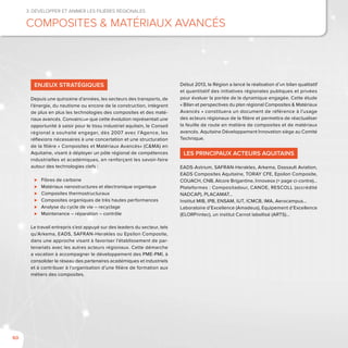 60
3. Développer et animer les filières régionales
Composites & Matériaux Avancés
Enjeux stratégiques
Depuis une quinzaine d’années, les secteurs des transports, de
l’énergie, du nautisme ou encore de la construction, intègrent
de plus en plus les technologies des composites et des maté-
riaux avancés. Convaincue que cette évolution représentait une
opportunité à saisir pour le tissu industriel aquitain, le Conseil
régional a souhaité engager, dès 2007 avec l’Agence, les
réflexions nécessaires à une concertation et une structuration
de la filière « Composites et Matériaux Avancés» (C&MA) en
Aquitaine, visant à déployer un pôle régional de compétences
industrielles et académiques, en renforçant les savoir-faire
autour des technologies clefs :
⊲⊲ Fibres de carbone
⊲⊲ Matériaux nanostructures et électronique organique
⊲⊲ Composites thermostructuraux
⊲⊲ Composites organiques de très hautes performances
⊲⊲ Analyse du cycle de vie – recyclage
⊲⊲ Maintenance – réparation – contrôle
Le travail entrepris s’est appuyé sur des leaders du secteur, tels
qu’Arkema, EADS, SAFRAN-Herakles ou Epsilon Composite,
dans une approche visant à favoriser l’établissement de par-
tenariats avec les autres acteurs régionaux. Cette démarche
a vocation à accompagner le développement des PME-PMI, à
consolider le réseau des partenaires académiques et industriels
et à contribuer à l’organisation d’une filière de formation aux
métiers des composites.
Début 2013, la Région a lancé la réalisation d’un bilan qualitatif
et quantitatif des initiatives régionales publiques et privées
pour évaluer la portée de la dynamique engagée. Cette étude
« Bilan et perspectives du plan régional Composites & Matériaux
Avancés » constituera un document de référence à l’usage
des acteurs régionaux de la filière et permettra de réactualiser
la feuille de route en matière de composites et de matériaux
avancés. Aquitaine Développement Innovation siège au Comité
Technique.
Les principaux acteurs aquitains
EADS-Astrium, SAFRAN-Herakles, Arkema, Dassault Aviation,
EADS Composites Aquitaine, TORAY CFE, Epsilon Composite,
COUACH, CNB, Alcore Brigantine, Innoveox (+ page ci-contre)…
Plateformes : Compositadour, CANOE, RESCOLL (accrédité
NADCAP), PLACAMAT…
Institut MIB, IPB, Ensam, IUT, ICMCB, IMA, Aerocampus…
Laboratoire d’Excellence (Amadeus), Equipement d’Excellence
(ELORPrintec), un institut Carnot labellisé (ARTS)…
 