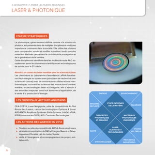 72
Enjeux stratégiques
La photonique, généralement définie comme « la science du
photon », est présente dans de multiples disciplines et revêt une
importance croissante dans la société. Elle utilise les photons
pour comprendre, sonder et modifier la matière, tandis que des
matériaux élaborés permettent le contrôle de la propagation et
de la génération de la lumière.
Cette discipline est identifiée dans les feuilles de route R&D eu-
ropéennes parmi les domaines scientifiques et technologiques
de pointe pour le 21e
siècle.
Aboutir à un cluster de classe mondiale pour les sciences du laser
Les chercheurs du Laboratoire d’excellence LaPhiA focalise-
ront leur énergie sur quatre axes principaux de recherche (voir
schéma ci-contre) avec de nombreuses collaborations inter-
thématiques couvrant les sciences des interactions lumière/
matière, les technologies laser et l’imagerie, afin d’aboutir à
des avancées majeures dans huit domaines d’application, de
la santé à la production d’énergie.
Les principaux acteurs aquitains
CEA-CESTA, Laser Mégajoule, pôle de compétitivité ALPhA
Route des Lasers, centre technologique Optique & Laser
ALPhANOV, Amplitude Systèmes, Eolite Systems, LabEx LaPhiA,
IOGS (ouverture en 2013), ALS, Cordouan Technologies...
Les actions de l’Agence en 2012
⊲⊲ Soutien au pôle de compétitivité ALPhA Route des Lasers
⊲⊲ Animation/coordination du DAS « Énergie d’Avenir et Déve-
loppement Durable » et du cluster Sysolia
⊲⊲ Aide à l’émergence et accompagnement de projets col-
laboratifs
3. Développer et animer les filières régionales
Laser & Photonique
EnvironnementÉnergie
Imagerie,
sécurité
Santé
Systèmes laser
Processus
industriels
Photo-
voltaïque
Éclairage
États extrêmes
de la matière
Laser,
Sciences et
technologies
Dispositifs
photoniques
et imagerie
Matériaux
photoniques
émergents
 