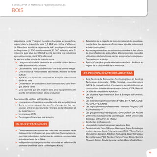75
3. Développer et animer les filières régionales
Bois
L’Aquitaine est la 1re
région forestière française en superficie,
leader dans le travail du bois (1,5 Md€ de chiffre d’affaires).
La filière bois aquitaine représente le 4e
employeur industriel
de l’Aquitaine (11 700 établissements, 32 000 salariés) et la 2e
industrie avec plus de 3 Mds€ de CA derrière les industries
agro-alimentaires, dont 18 % à l’export.
Le secteur a des atouts de premier ordre :
⊲⊲ L’augmentation de la demande en produits bois et la nou-
velle économie du carbone
⊲⊲ L’écomatériau bois qui bénéficie d’une très bonne image
⊲⊲ Une ressource renouvelable et certifiée, modèle de forêt
cultivée
⊲⊲ Xylofutur, seul pôle de compétitivité français entièrement
dédié au bois
⊲⊲ Des secteurs en croissance : bois-construction, bois-éner-
gie, chimie verte
⊲⊲ Des sociétés qui ont investi dans des équipements de
pointe de transformation et de production
Pour autant, le secteur est fragilisé par :
⊲⊲ Une ressource forestière amputée suite à la tempête Klaus
⊲⊲ Dans certains cas, par des conflits d’usage sur les res-
sources entre les secteurs de l’énergie, de la trituration et
du bois d’œuvre
⊲⊲ Un manque d’ETI
⊲⊲ Des moyens financiers mal adaptés
Enjeux stratégiques
⊲⊲ Développement des approches collectives, notamment par le
dialogue interprofessionnel, pour optimiser l’approvisionne-
ment des industries et moderniser les relations commerciales
entre les acteurs de la filière
⊲⊲ Indépendance énergétique des industries en valorisant la
biomasse (modérée par le contexte post-Klaus)
⊲⊲ Adaptation de la capacité de transformation et des investisse-
ments dans des secteurs à forte valeur ajoutée, notamment
le bois-construction
⊲⊲ Accompagnement des mutations industrielles et des efforts
de diversification des acteurs face à l’émergence de nouvelles
utilisations du bois, tirées par les progrès technologiques,
l’innovation et le design
⊲⊲ Apport d’une plus grande valorisation des bois « feuillus » au
regard de la disponibilité de la ressource
Les principaux acteurs aquitains
⊲⊲ Des Centres de Ressources Technologiques et Centres
Techniques Industriels : FCBA, Nobatek, rassemblés dans
INEF4 (le nouvel institut d’innovation en réhabilitation et
construction durable démarre ses activités), CPFA, Rescoll
⊲⊲ Le pôle de compétitivité Xylofutur
⊲⊲ Les clusters Agro-matériaux, Bois & Energie du Fumélois,
ABOVE
⊲⊲ Les fédérations professionnelles SYSSO, ETFA, FIBA, CODE-
FA, GIPA, FFB, CAPEB
⊲⊲ Les regroupements professionnels : Interbois Périgord, ULIS
40, Promobois 47
⊲⊲ Les groupements d’intérêt public : GIP ECOFOR, GIP ATGeRI
⊲⊲ Différents établissements scientifiques : INRA, Universités
Bordeaux et Pau Pays de l’Adour
⊲⊲ Des lycées professionnels
⊲⊲ Une plateforme technologique : Aquitaine Bois
⊲⊲ Des industriels : Smurfit Kappa, Gascogne, Sapso Emballages
ondulés (groupe Saica), Polyrey (groupe ITW), FP Bois, Righini,
Menuiseries Grégoire, Ahlstrom Packaging, Egger Rol, Sokoa,
Beynel (groupe PGS), Tembec Tartas, Finsa, Steico, Garnica
Plywood, Rolpin, Condat (groupe Lecta), Alliance Forêts Bois…
 