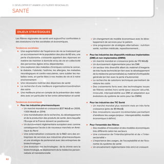 82
3. Développer et animer les filières régionales
Santé
Enjeux stratégiques
Les filières régionales de santé sont aujourd’hui confrontées à
des évolutions à la fois sociétales et économiques.
Tendances sociétales
⊲⊲ Une augmentation de l’espérance de vie se traduisant par
un accroissement de la population des plus de 60 ans, une
perte d’autonomie croissante appelant des réponses en
matière de maintien à domicile et/ou de vie en collectivité
des personnes âgées et/ou dépendantes
⊲⊲ Une explosion des maladies chroniques comme le cancer,
le diabète, l’obésité, l’asthme, les allergies, les maladies
neurologiques et cardio-vasculaires, sans oublier les ma-
ladies rares, en partie liées à nos modes de vie et à notre
environnement
⊲⊲ Une nécessaire maîtrise des dépenses de santé
⊲⊲ La recherche d’une meilleure organisation/coordination
des soins
⊲⊲ Une meilleure prise en compte de la prévention des mala-
dies avec en particulier le lien entre alimentation et santé
Tendances économiques
⊲⊲ Pour les industries pharmaceutiques
■■ Un marché mondial en croissance (837 Mds$ en 2009,
1 000 Mds$ en 2014)
■■ Une mondialisation de la recherche, du développement
et de la production des produits de santé, dans laquelle
l’Europe et la France doivent se positionner
■■ Un durcissement réglementaire européen avec comme
conséquence l’accès à de nouveaux marchés en Amé-
rique du Nord
■■ Une externalisation croissante de la R&D vers des en-
treprises de services aux industries pharmaceutiques
et une stratégie de partenariat avec des entreprises de
biotechnologies
■■ Une évolution des technologies : de la chimie vers la
biotechnologie, le déploiement de la médecine person-
nalisée et translationnelle
■■ Un changement de modèle économique avec le déve-
loppement de services pour le patient
■■ Une progression de stratégies alternatives : nutrition
santé, nutrition médicale, repositionnement…
⊲⊲ Pour les industries des dispositifs médicaux implantables
(DMI) et non implantables (DMNI)
■■ Un marché mondial en croissance (près de 170 Mds$)
■■ Un durcissement réglementaire pour les DMI
■■ Un secteur très diversifié allant du matériel d’imagerie
de très haute technicité (en lien avec le développement
de la médecine personnalisée) au matériel d’orthopédie
générale (en lien avec la perte d’autonomie)
■■ La recherche de solutions techniques permettant de
réduire les coûts
■■ Des croisements forts avec des technologies issues
de filières variées hors santé (pour assurer sécurité,
innocuité, interopérabilité aux DMI et adaptation aux
évolutions du système de soins pour les DMNI)
⊲⊲ Pour les industries des TIC Santé
■■ Un marché mondial plus restreint mais en très forte
croissance (près de 89 Mds$)
■■ Des innovations souvent incrémentales permettant
d’améliorer les usages (enjeux : interopérabilité, modèle
économique à définir)
⊲⊲ Pour l’ensemble des filières
■■ Des modèles d’innovation et des modèles économiques
très différents selon les secteurs
■■ Une croissance de l’interdisciplinarité et de « l’inter-
sectorialité »
■■ L’importance des usages, de l’acceptabilité et de l’éco-
nomie du système de santé
■■ Un encadrement réglementaire très strict et croissant
 