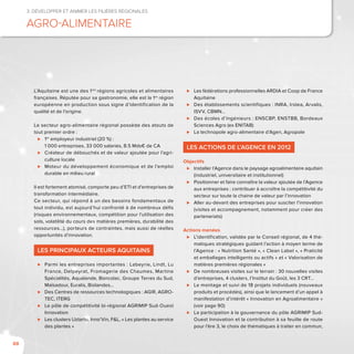 88
3. Développer et animer les filières régionales
Agro-alimentaire
L’Aquitaine est une des 1res
régions agricoles et alimentaires
françaises. Réputée pour sa gastronomie, elle est la 1re
région
européenne en production sous signe d’identification de la
qualité et de l’origine.
Le secteur agro-alimentaire régional possède des atouts de
tout premier ordre :
⊲⊲ 1er
employeur industriel (20 %) :
1 000 entreprises, 33 000 salariés, 8.5 Mds€ de CA
⊲⊲ Créateur de débouchés et de valeur ajoutée pour l’agri-
culture locale
⊲⊲ Moteur du développement économique et de l’emploi
durable en milieu rural
Il est fortement atomisé, comporte peu d’ETI et d’entreprises de
transformation intermédiaire.
Ce secteur, qui répond à un des besoins fondamentaux de
tout individu, est aujourd’hui confronté à de nombreux défis
(risques environnementaux, compétition pour l’utilisation des
sols, volatilité du cours des matières premières, durabilité des
ressources…), porteurs de contraintes, mais aussi de réelles
opportunités d’innovation.
Les principaux acteurs aquitains
⊲⊲ Parmi les entreprises importantes : Labeyrie, Lindt, Lu
France, Delpeyrat, Fromagerie des Chaumes, Martine
Spécialités, Aqualande, Boncolac, Groupe Terres du Sud,
Maïsadour, Euralis, Biolandes…
⊲⊲ Des Centres de ressources technologiques : AGIR, AGRO-
TEC, ITERG
⊲⊲ Le pôle de compétitivité bi-régional AGRIMIP Sud-Ouest
Innovation
⊲⊲ Les clusters Uztartu, Inno’Vin, F&L, « Les plantes au service
des plantes »
⊲⊲ Les fédérations professionnelles ARDIA et Coop de France
Aquitaine
⊲⊲ Des établissements scientifiques : INRA, Irstea, Arvalis,
ISVV, CBMN…
⊲⊲ Des écoles d’ingénieurs : ENSCBP, ENSTBB, Bordeaux
Sciences Agro (ex ENITAB)
⊲⊲ La technopole agro-alimentaire d’Agen, Agropole
Les actions de l’Agence en 2012
Objectifs
⊲⊲ Installer l’Agence dans le paysage agroalimentaire aquitain
(industriel, universitaire et institutionnel)
⊲⊲ Positionner et faire connaître la valeur ajoutée de l’Agence
aux entreprises : contribuer à accroître la compétitivité du
secteur sur toute la chaine de valeur par l’innovation
⊲⊲ Aller au-devant des entreprises pour susciter l’innovation
(visites et accompagnement, notamment pour créer des
partenariats)
Actions menées
⊲⊲ L’identification, validée par le Conseil régional, de 4 thé-
matiques stratégiques guidant l’action à moyen terme de
l’Agence : « Nutrition Santé », « Clean Label », « Praticité
et emballages intelligents ou actifs » et « Valorisation de
matières premières régionales »
⊲⊲ De nombreuses visites sur le terrain : 30 nouvelles visites
d’entreprises, 4 clusters, l’Institut du Goût, les 3 CRT…
⊲⊲ Le montage et suivi de 18 projets individuels (nouveaux
produits et procédés), ainsi que le lancement d’un appel à
manifestation d’intérêt « Innovation en Agroalimentaire »
(voir page 90)
⊲⊲ La participation à la gouvernance du pôle AGRIMIP Sud-
Ouest Innovation et la contribution à sa feuille de route
pour l’ère 3, le choix de thématiques à traiter en commun,
 
