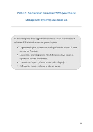 29
Partie 2 : Amélioration du module WMS (Warehouse
Management Systems) sous Odoo V8.
__________________________________________________________________________________
La deuxième partie de ce rapport est consacrée à l’étude fonctionnelle et
technique. Elle s’articule autour de quatre chapitres :
 Le premier chapitre présente une étude préliminaire visant à donner
une vue sur l’existant.
 Le deuxième chapitre présente l’étude fonctionnelle, à travers la
capture des besoins fonctionnels.
 Le troisième chapitre présente la conception du projet.
 Et le dernier chapitre présente la mise en œuvre.
 .
 