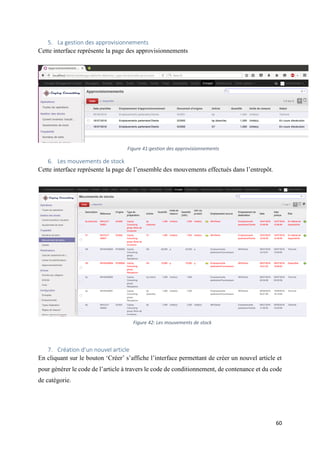 60
5. La gestion des approvisionnements
Cette interface représente la page des approvisionnements
6. Les mouvements de stock
Cette interface représente la page de l’ensemble des mouvements effectués dans l’entrepôt.
7. Création d’un nouvel article
En cliquant sur le bouton ‘Créer’ s’affiche l’interface permettant de créer un nouvel article et
pour générer le code de l’article à travers le code de conditionnement, de contenance et du code
de catégorie.
Figure 41:gestion des approvisionnements
Figure 42: Les mouvements de stock
 