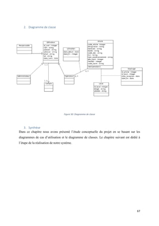67
2. Diagramme de classe
3. Synthèse
Dans ce chapitre nous avons présenté l’étude conceptuelle du projet en se basant sur les
diagrammes de cas d’utilisation et le diagramme de classes. Le chapitre suivant est dédié à
l’étape de la réalisation de notre système.
Figure 50: Diagramme de classe
 