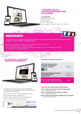 9Rapport d’activités 2013 de l’ADRT Aisne
 les dispositifs « audioguides
touristiques numériques »
Le dispositif comprend des visites audioguidées
à télécharger et des vidéos de séduction pour inciter
les visiteurs à se déplacer.
Ces contenus « riches » sont accessibles depuis :
■■ Le site web « Audio-guide Aisne »
■■ Deux chaînes vidéo (YouTube  Dailymotion)
■■ Le site des guides de voyages Zevisit
 L’audience en 2013 des dispositifs :
 Palmarès des visites les plus téléchargées :
■■ N°1 – Entre ciel et terre : le Chemin des Dames
40 195 téléchargements
■■ N°2 – Il était une fois le château de Condé
15 713 téléchargements
■■ N°3 – Dautry, l’urbanisme à visage humain (Tergnier)
15 054 téléchargements
LES GREETERS DE L’AISNE
ont été filmés par les équipes de TF1 dans le cadre de l’émission Reportages diffusée à la mi-janvier 2014.
Audience : environ 5 millions de téléspectateurs.
Eté 2013 : une équipe de télévision rend visite aux Greeters de Marseille,
Paris et de l’Aisne pour un reportage complet.
Dans l’Aisne, c’est Valérie qui reçoit les caméras, pour leur montrer les richesses de Soissons
et l’originalité du concept des Greeters.
nombre de bandes annonces
visionnées sur Dailymotion
 Youtube (10 vidéos)
60 232
(+ 11 183)
nombre total de pistes audio mp3
téléchargées en 2013
(comparatif 2012)
135 215
(+ 16 296)
SOIT en nombre de packs de visites
(1 visite complète comprend 9 pistes audio)
15 023
 www.greeters-aisne.com,
LE SITE WEB POUR DÉCOUVRIR L’AISNE
AVEC UN HABITANT
 Les chiffres clés :
■■ 28 greeters présentés
■■ 13 617 visites
■■ 46 915 pages vues
Le site a généré 70 « greet » pour 250 visiteurs.
 