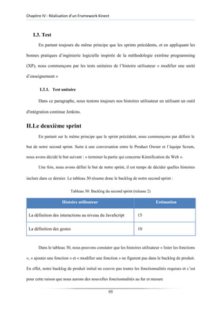Chapitre IV : Réalisation d’un Framework Kinect
I.3. Test
En partant toujours du même principe que les sprints précédents, et en appliquant les
bonnes pratiques d’ingénierie logicielle inspirée de la méthodologie extrême programming
(XP), nous commençons par les tests unitaires de l’histoire utilisateur « modifier une unité
d’enseignement »
I.3.1. Test unitaire
Dans ce paragraphe, nous testons toujours nos histoires utilisateur en utilisant un outil
d'intégration continue Jenkins.
II.Le deuxième sprint
En partant sur le même principe que le sprint précédent, nous commençons par définir le
but de notre second sprint. Suite à une conversation entre le Product Owner et l’équipe Scrum,
nous avons décidé le but suivant : « terminer la partie qui concerne Kinnification du Web ».
Une fois, nous avons défini le but de notre sprint, il est temps de décider quelles histoires
inclure dans ce dernier. Le tableau 30 résume donc le backlog de notre second sprint :
Tableau 30: Backlog du second sprint (release 2)
Histoire utilisateur Estimation
La définition des interactions au niveau du JavaScript 15
La définition des gestes 10
Dans le tableau 30, nous pouvons constater que les histoires utilisateur « lister les fonctions
», « ajouter une fonction » et « modifier une fonction » ne figurent pas dans le backlog de produit.
En effet, notre backlog de produit initial ne couvre pas toutes les fonctionnalités requises et c’est
pour cette raison que nous aurons des nouvelles fonctionnalités au fur et mesure
95
 