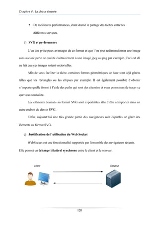 Chapitre V : La phase closure
▪ De meilleures performances, étant donné le partage des tâches entre les
différents serveurs.

b) SVG et performance
L’un des principaux avantages de ce format et que l’on peut redimensionner une image
sans aucune perte de qualité contrairement à une image jpeg ou png par exemple. Ceci est dû
au fait que ces images soient vectorielles.
Afin de vous faciliter la tâche, certaines formes géométriques de base sont déjà gérées
telles que les rectangles ou les ellipses par exemple. Il est également possible d’obtenir
n’importe quelle forme à l’aide des paths qui sont des chemins et vous permettent de tracer ce
que vous souhaitez.
Les éléments dessinés au format SVG sont exportables afin d’être réimporter dans un
autre endroit du dessin SVG.
Enfin, aujourd’hui une très grande partie des navigateurs sont capables de gérer des
éléments au format SVG.
c) Justification de l’utilisation du Web Socket
WebSocket est une fonctionnalité supportée par l'ensemble des navigateurs récents.
Elle permet un échange bilatéral synchrone entre le client et le serveur.
120
 