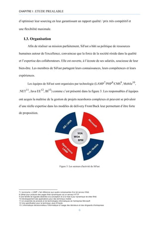 CHAPITRE I : ETUDE PREALABLE
d’optimiser leur sourcing en leur garantissant un rapport qualité / prix très compétitif et
une flexibilité maximale.
I.3. Organisation
Afin de réaliser sa mission parfaitement, SiFast a bâti sa politique de ressources
humaines autour de l'excellence, convaincue que la force de la société réside dans la qualité
et l’expertise des collaborateurs. Elle est ouverte, à l’écoute de ses salariés, soucieuse de leur
bien-être. Les membres de SiFast partagent leurs connaissances, leurs compétences et leurs
expériences.
Les équipes de SiFast sont organisées par technologie (LAMP7
/PHP8
/CMS9
, Mobile10
,
.NET11
, Java EE12
, BI13
) comme c’est présenté dans la figure 3. Les responsables d’équipes
ont acquis la maîtrise de la gestion de projets nearshores complexes et peuvent se prévaloir
d’une réelle expertise dans les modèles de delivery Front/Back leur permettant d’être forte
de proposition.
Figure 3: Les secteurs d'activité du SiFast
7 L’acronyme « LAMP » fait référence aux quatre composantes d'un tel serveur Web
8 Utilisé pour produire des pages Web dynamiques via un serveur HTTP
9 Une famille de logiciels destinés à la conception et à la mise à jour dynamique de sites Web
10 Développement des applications pour des terminaux mobile
11 Un ensemble de produits et de technologies informatiques de l'entreprise Microsoft
12 Une spécification pour la technique Java d'Oracle
13 L’informatique décisionnelleest l'informatique à l'usage des décideurs et des dirigeants d'entreprises
6
 