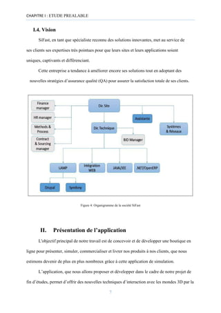 CHAPITRE I : ETUDE PREALABLE
I.4. Vision
SiFast, en tant que spécialiste reconnu des solutions innovantes, met au service de
ses clients ses expertises très pointues pour que leurs sites et leurs applications soient
uniques, captivants et différenciant.
Cette entreprise a tendance à améliorer encore ses solutions tout en adoptant des
nouvelles stratégies d’assurance qualité (QA) pour assurer la satisfaction totale de ses clients.
Figure 4: Organigramme de la société SiFast
II. Présentation de l’application
L'objectif principal de notre travail est de concevoir et de développer une boutique en
ligne pour présenter, simuler, commercialiser et livrer nos produits à nos clients, que nous
estimons devenir de plus en plus nombreux grâce à cette application de simulation.
L’application, que nous allons proposer et développer dans le cadre de notre projet de
fin d’études, permet d’offrir des nouvelles techniques d’interaction avec les mondes 3D par la
7
 