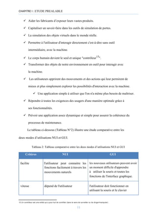 CHAPITRE I : ETUDE PREALABLE
✓ Aider les fabricants d’exposer leurs vastes produits.

✓ Capitaliser un savoir-faire dans les outils de simulation de portes.

✓ La simulation des objets virtuels dans le monde réelle.

✓ Permettre à l'utilisateur d'interagir directement c'est-à-dire sans outil
intermédiaire, avec la machine.

✓ Le corps humain devient le seul et unique "contrôleur15
".

✓ Transformer des objets de notre environnement en outil pour interagir avec
la machine.
✓ Les utilisateurs apprirent des mouvements et des actions qui leur permirent de
mieux et plus simplement explorer les possibilités d'interaction avec la machine.
✓ Une application simple à utiliser que l'on n'a même plus besoin de maîtriser.

✓ Répondre à toutes les exigences des usagers d'une manière optimale grâce à
ses fonctionnalités.
✓ Prévoir une application assez dynamique et simple pour assurer la cohérence du
processus de maintenance.
Le tableau ci-dessous (Tableau N°2) illustre une étude comparative entre les
deux modes d’utilisations NUI et GUI.
Tableau 2: Tableau comparative entre les deux modes d’utilisations NUI et GUI
Critères NUI GUI
facilite l'utilisateur peut connaitre les
fonctions facilement à travers les
mouvements naturels
les nouveaux utilisateurs peuvent avoir
un moment difficile d'apprendre
à utiliser la souris et toutes les
fonctions de l'interface graphique.
vitesse dépend de l'utilisateur l'utilisateur doit fonctionner en
utilisant la souris et le clavier
15 Un contrôleur est une entité qui a pour but de contrôler (dans le sens de surveiller ou de diriger/manipuler)
11
 