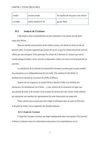 CHAPITRE I : ETUDE PREALABLE
souche aucune souche les touches de raccourci sont utilises
exemple tactile immersive 3d gnome Shell
II.3. Analyse de l’existant
Cette étude se base essentiellement sur des recherches et les études lors de notre
stage chez SiFast.
Dans un marché concurrentiel où les médias sociaux ont donné au client un rôle de
premier ordre, il est plus important que jamais de savoir ce que les clients pensent de services
offerts par une entreprise. Faire participer les clients de l’intérieur et s’assurer que tout le
monde partage la même vision, sont des composantes vitales à la survie et à la réussite de ses
activités.
La satisfaction de la clientèle est aujourd’hui monnaie courante pour la quasi-totalité
des entreprises et ce indépendamment de leur taille. Elle améliore la flexibilité, la
productivité et stimule la croissance du chiffre d’affaires.
A partir de ces exigences, la société SiFast a décidé d’offrir à sa clientèle (les
menuisiers, les distributeurs, les Clients …), une solution de la simulation en ligne, qui
leur permet de créer et de simuler à tout moment les besoins de leurs clients. Cette solution
qui représente une interface de représentation de notre future porte en temps réel.
Notre solution sera conçue pour être simple d’utilisation dans un souci d’efficacité
et de gain de temps, tout en apportant des données précises.
II.3.1. Etude de l’existant
L’étude de l’existant constitue une étape fondamentale dans notre projet. Elle consiste,
d’abord, à collecter toutes les informations nécessaires à la compréhension et à la
12
 